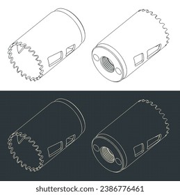 Stylized vector illustrations of  blueprints of hole saw