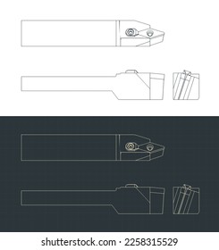 Stylized vector illustrations of blueprints of inclined cutting tool for CNC lathe