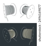 Stylized vector illustrations of blueprints of industrial high voltage cable reel