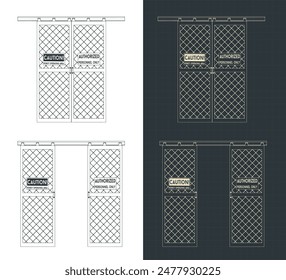Stylized vector illustrations of blueprints of industrial sliding door for robotic cell