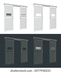 Stylized vector illustrations of blueprints of industrial sliding door for robotic cell