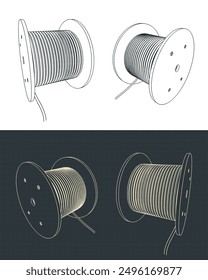 Stilisierte Vektorgrafiken von Entwürfen für industrielle Hochspannungskabelrollen