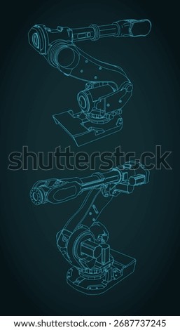 Stylized vector illustrations of blueprints of industrial robot