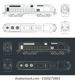 Stylized vector illustrations of blueprints of locomotive