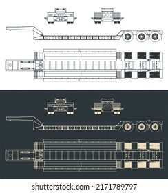 Stylized vector illustrations of blueprints of lowboy trailer