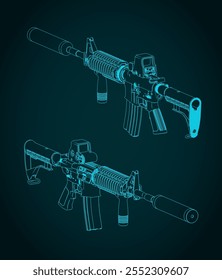 Ilustraciones vectoriales estilizadas de los planos de la carabina automática M4A1