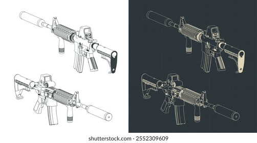 Ilustraciones vectoriales estilizadas de los planos de la carabina automática M4A1