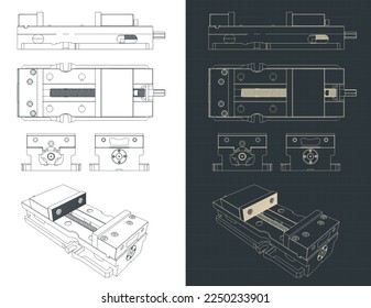 Stylized vector illustrations of blueprints of machine vice