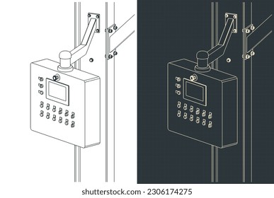 Ilustraciones vectoriales estilizadas de planos del panel de control de máquinas