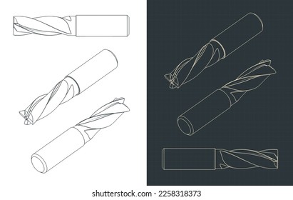 Stylized vector illustrations of blueprints of mill cutter