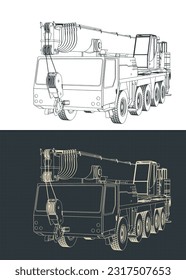 Ilustraciones vectoriales estilizadas de planos de grúas móviles con potente auge telescópico largo