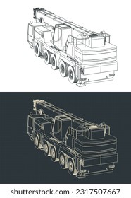 Ilustraciones vectoriales estilizadas de planos de grúas móviles con potente auge telescópico largo