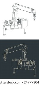 Ilustraciones vectoriales estilizadas de planos de grúa montada en camión móvil