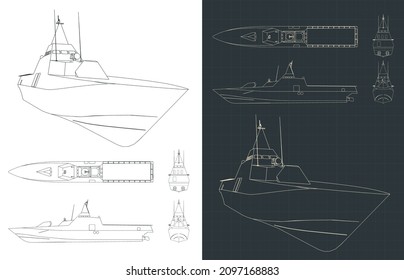 Ilustraciones vectoriales estilizadas de planos de la corbeta sigilosa moderna