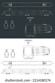 Stylized vector illustrations of blueprints of a modern tram