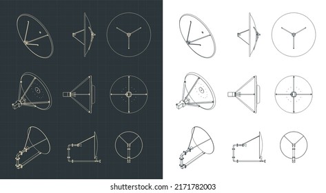 Stilisierte Vektorgrafiken von Entwürfen von Parabolantennen