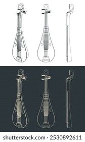 Stylized vector illustrations of a blueprints of pipa, chinese string instrument