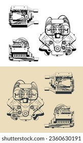 Ilustraciones vectoriales estilizadas de planos de un potente motor V turboalimentado