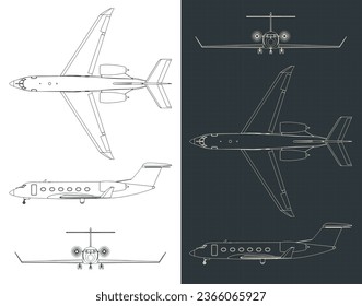 Stylized vector illustrations of blueprints of private business jet