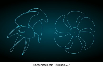 Stylized vector illustrations of blueprints of propeller screw