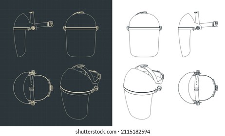 Stylized vector illustrations of blueprints of protective face plastic mask