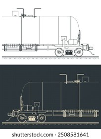 Stylized vector illustrations of blueprints of a railway tank car close-up