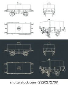 Stylized vector illustrations of blueprints of rectangular tar tank wagon