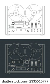 Stylized vector illustrations of blueprints of reel to reel tape recorder
