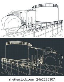 Stylized vector illustrations of blueprints of refinery