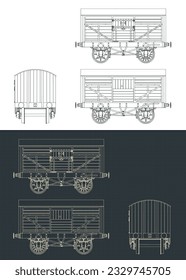Stylized vector illustrations of blueprints of retro cattle wagon