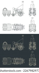 Stylized vector illustrations of blueprints of Robert Stephenson`s Rocket steam locomotive, created in 1829