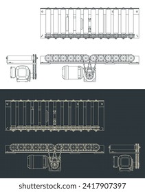 Stylized vector illustrations of blueprints of roller conveyor with chain drive