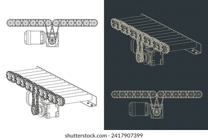 Stylized vector illustrations of blueprints of roller conveyor with chain drive