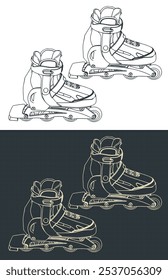 Stylized vector illustrations of blueprints of a roller skates