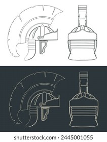 Stylized vector illustrations of blueprints of a Roman legionary helmet