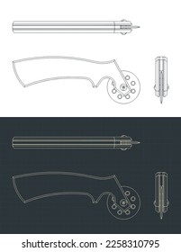 Stylized vector illustrations of blueprints of rotary cutter