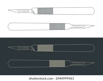 Stylized vector illustrations of blueprints of scalpel