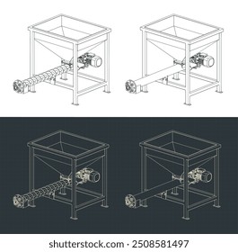 Ilustraciones vectoriales estilizadas de planos de un transportador de alimentación de tornillo