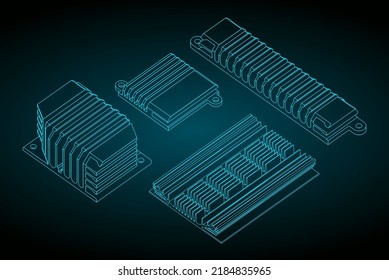 Ilustraciones vectoriales estilizadas de planos de un conjunto de disipadores térmicos para procesadores, chips de memoria y otros componentes microelectrónicos