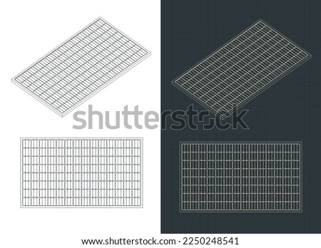 Stylized vector illustrations of blueprints of solar panel