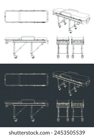 Stylized vector illustrations of blueprints of stretchers for ambulances and rescue vehicles