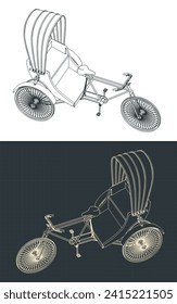 Stylized vector illustrations of blueprints of three wheeled man-powered vehicle