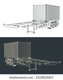 Stylized vector illustrations of blueprints of tri-axle container trailer