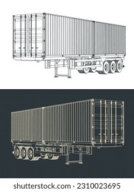 Stylized vector illustrations of blueprints of tri-axle container trailer