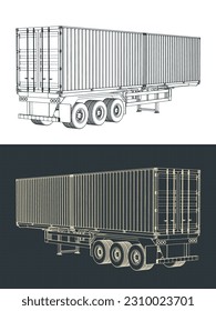 Stylized vector illustrations of blueprints of tri-axle container trailer