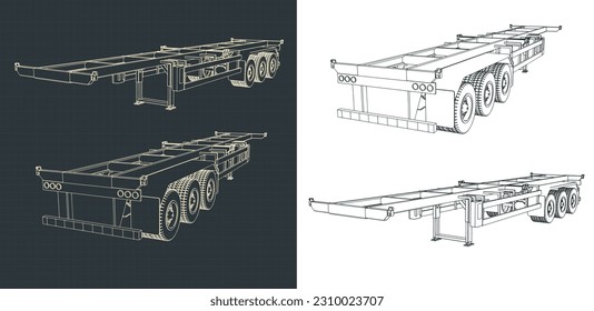 Stylized vector illustrations of blueprints of tri-axle container trailer