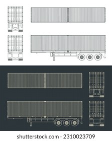 Stylized vector illustrations of blueprints of tri-axle container trailer