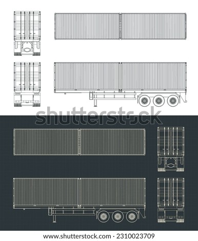 Stylized vector illustrations of blueprints of tri-axle container trailer
