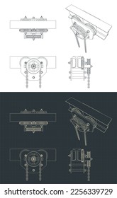 Stylized vector illustrations of blueprints of trolley chain hoist