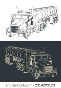 Stylized vector illustrations of blueprints of truck with tanker trailer